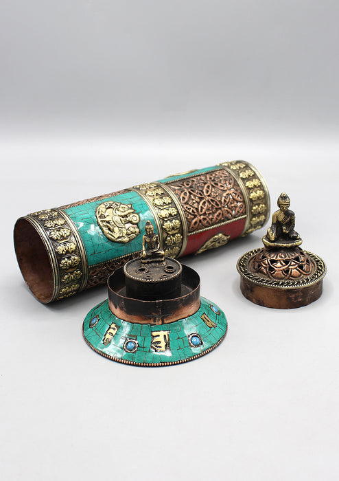 Cylindrical Turquoise and Coral inlaid Copper Incense Holder