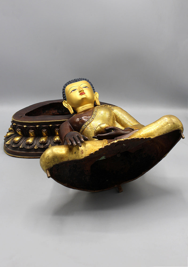 Partly Gold Plated Shakyamuni Buddha Statue in Monastic Robe With Floral Motifs
