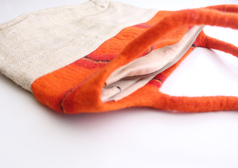 Orange and Black Felt Wool Lining Hemp Shoulder Carry Bag - nepacrafts