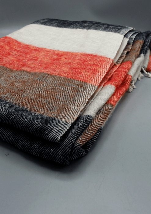 White and Orange Mix Multi Colored Hand-loomed Soft Yak Wool Blanket