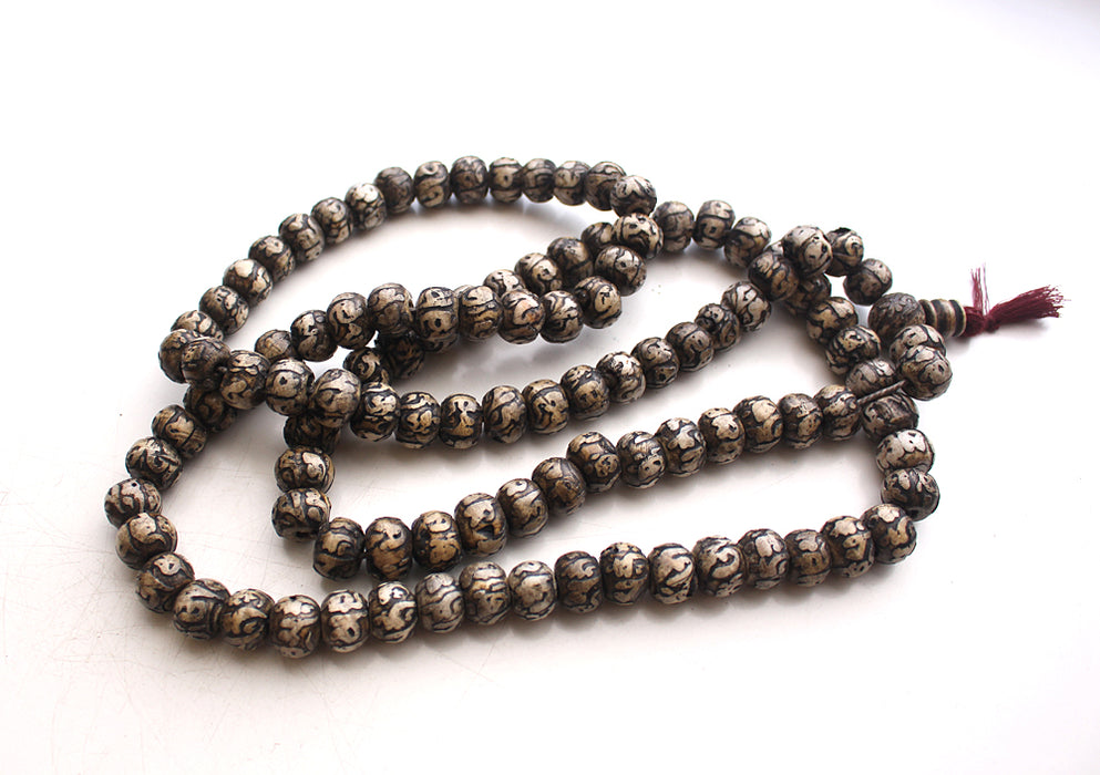 Om Mani Etched Conch Mala, 108 Conch Bead Prayer Mala - nepacrafts