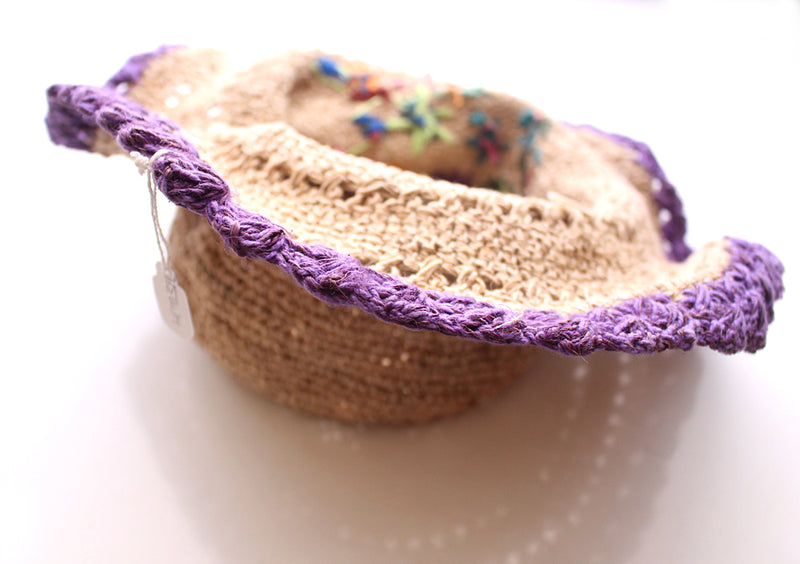 Hemp Hat with Purple Lining and Flower, Earthy Travel Hat, Hemp Tourist Hat - nepacrafts