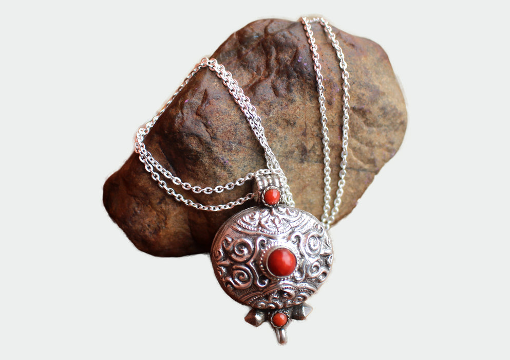 Oval Shape Tibetan Silver Sterling Filigree Pendant with Coral Inlay - nepacrafts