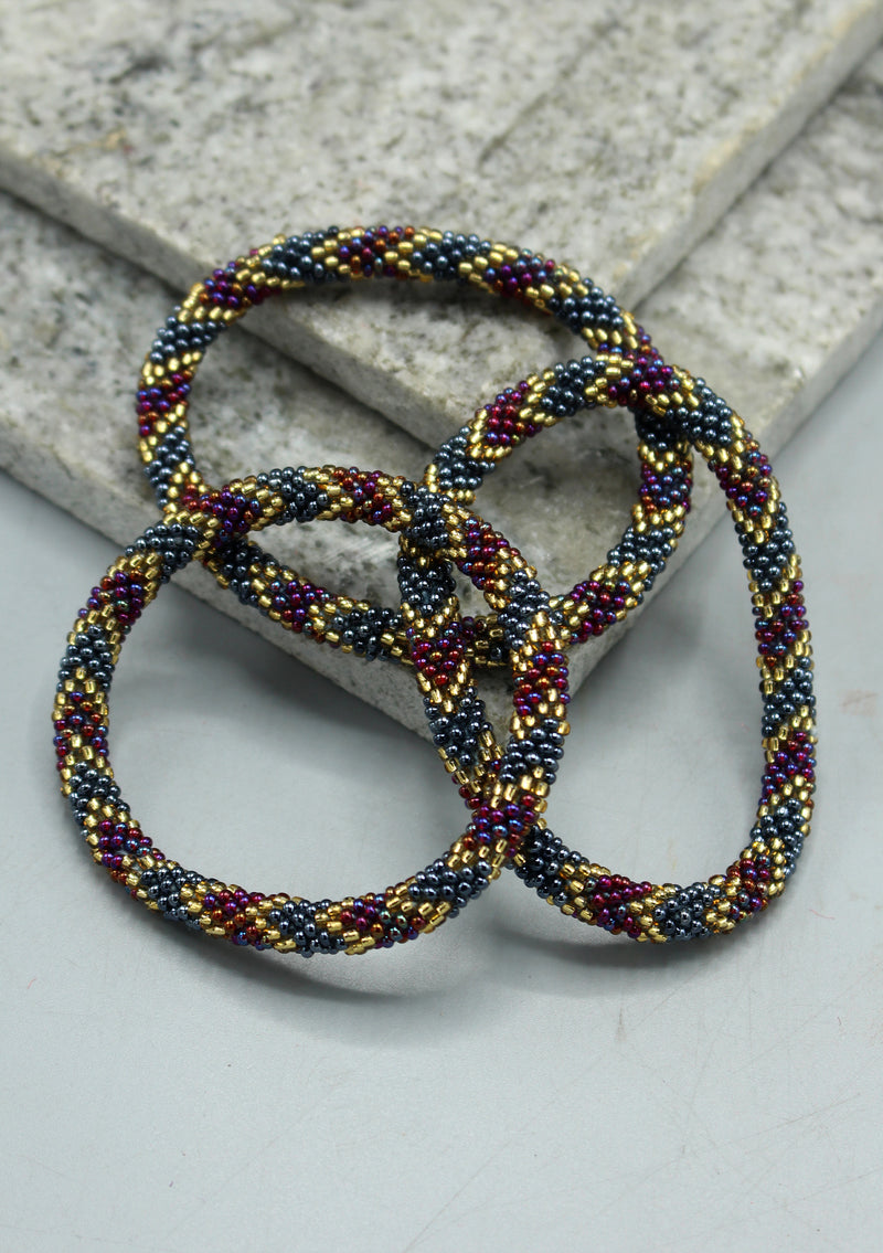 Dark Purple, Gold & Mixed Beads Nepalese Roll on Bracelet