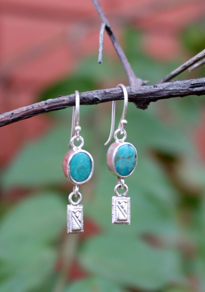 Turquoise Inlaid Round Silver Drop Earrings - nepacrafts
