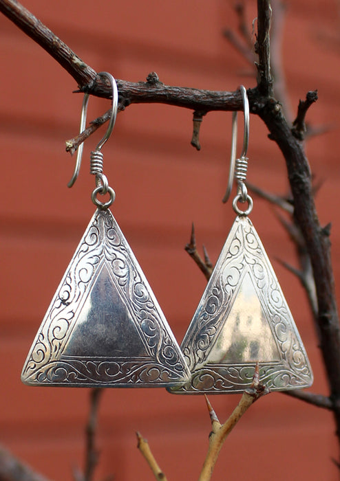 Traditional Triangle Hand Carved Silver Earrings - nepacrafts