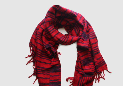 Dark Blue Lining Red Himalayan Woolen Shawl - nepacrafts