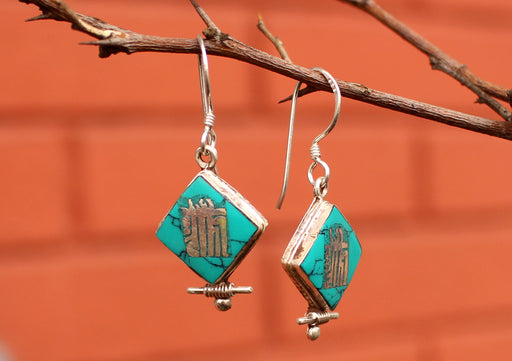 Square Shaped Tibetan Kalachakra Silver Earrings - nepacrafts