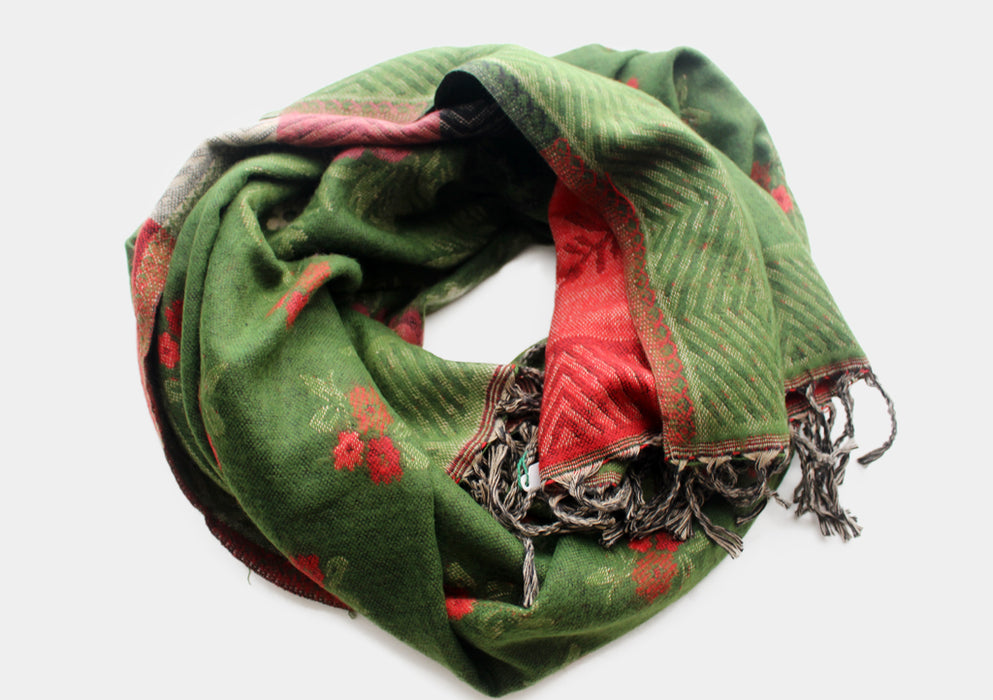 Hand Loomed Red and Green Flower Printed Yak Wool Shawl - nepacrafts