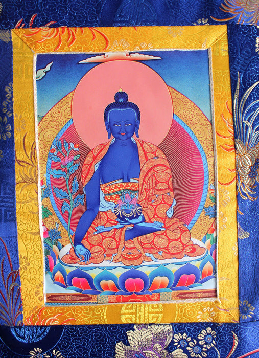 Medicine Buddha Photo Thangka Wall Hanging with Silk Brocade