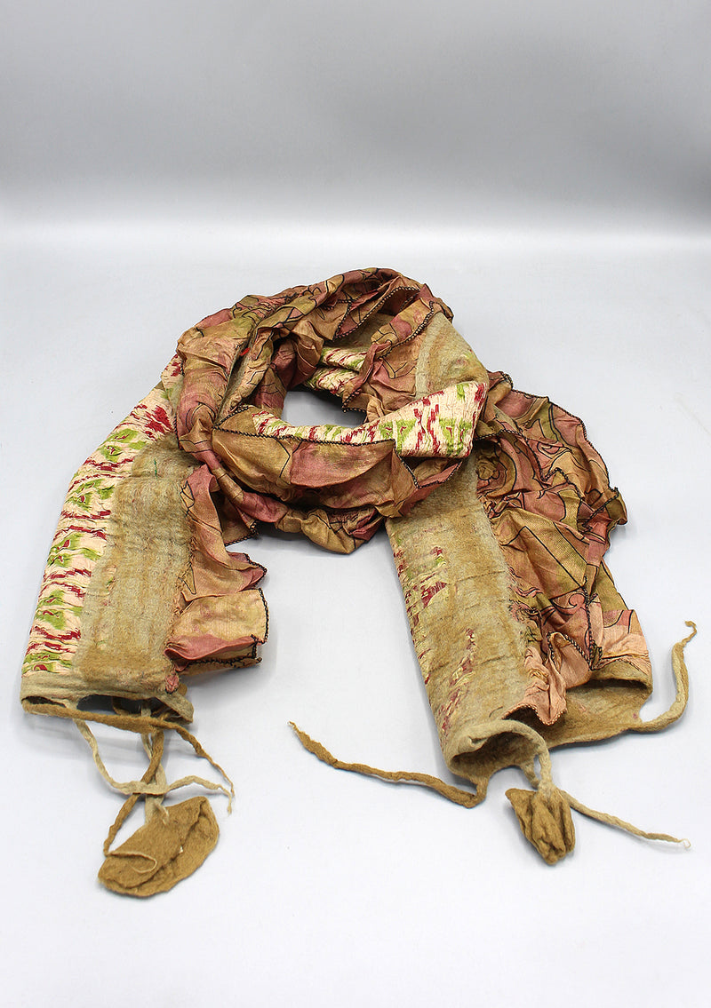 Light Olive Green Hand-felted and Silk Eco Scarf with Fringes