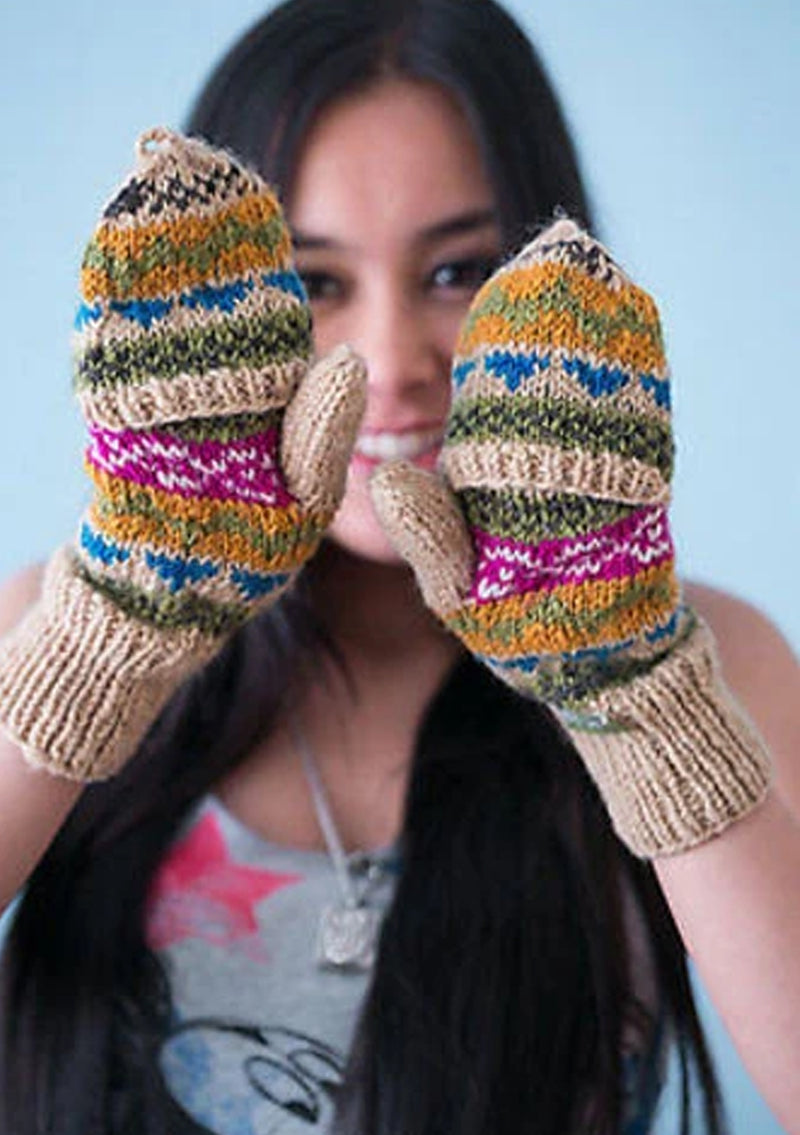 Dark Cream Multicolor Woolen Convertible Mittens (Dark Cream WO16G)