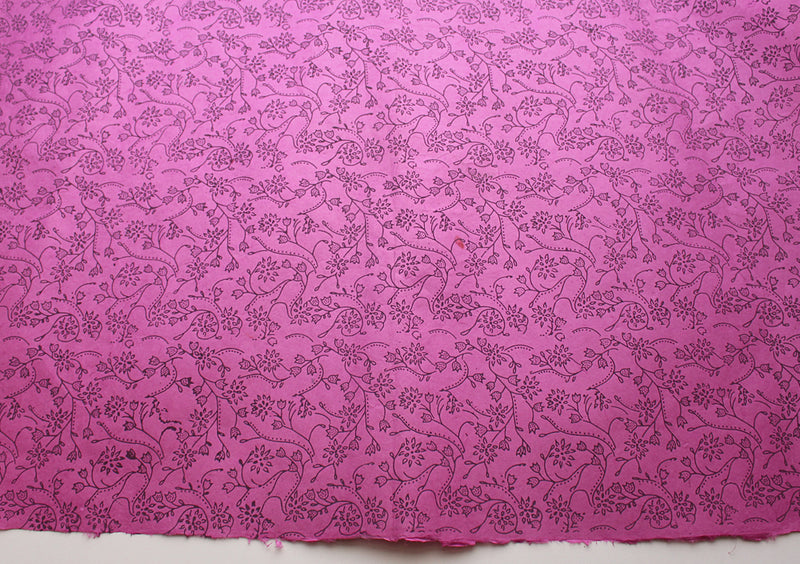 Black Flower and Leaf Printed Pink Handmade Gift Wrapping Lokta Paper Sheets - nepacrafts