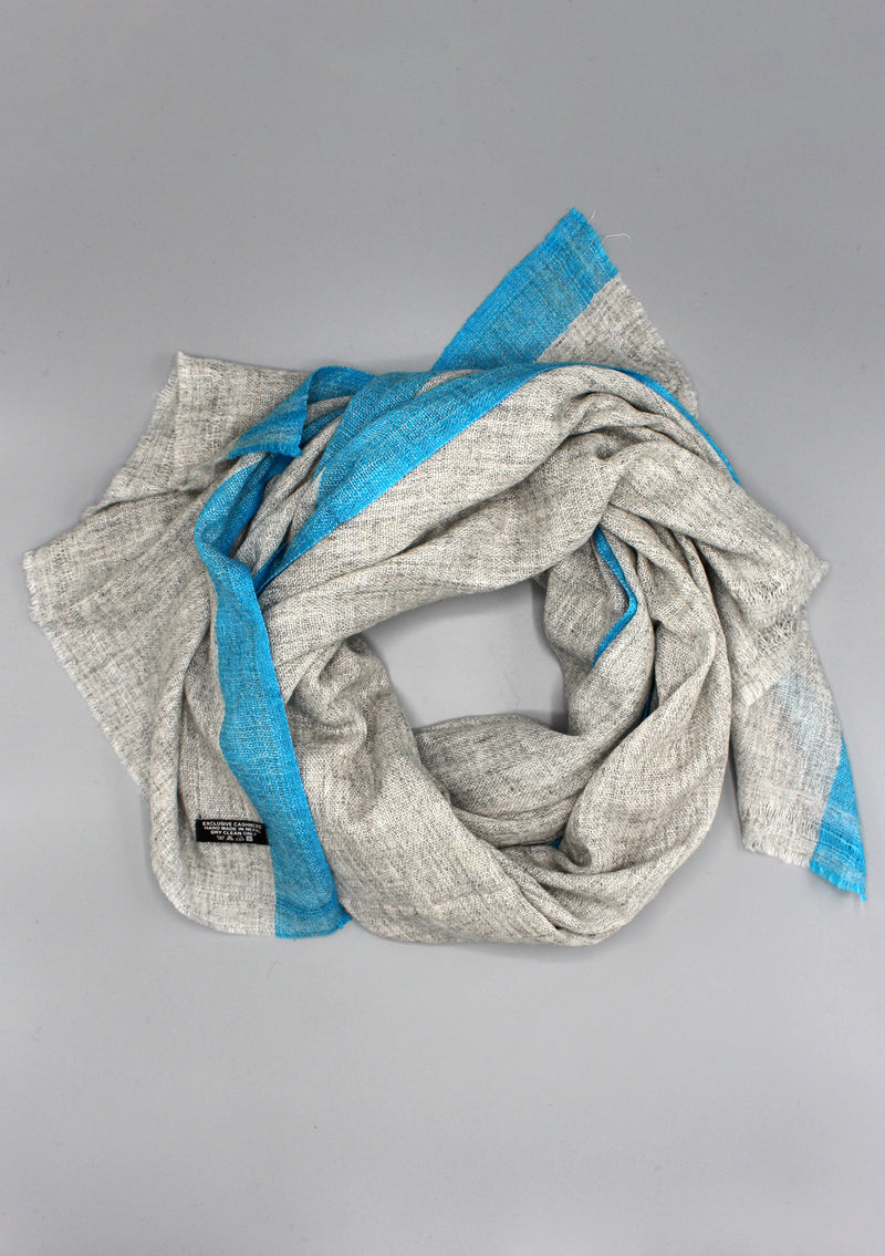 Blue Border Plain Light Gray Mix Wool Cashmere Shawl - nepacrafts