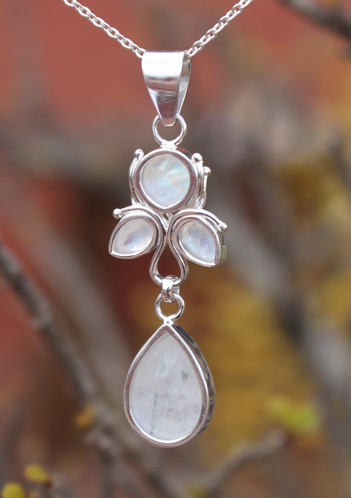 Flower Drop Rainbow Moonstone Sterling Silver Pendant - nepacrafts