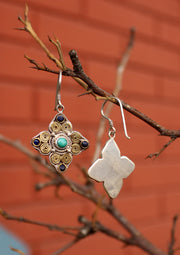 Tibetan Double Dorjee Silver Earrings Inlaid Turquoise and Lapis - nepacrafts