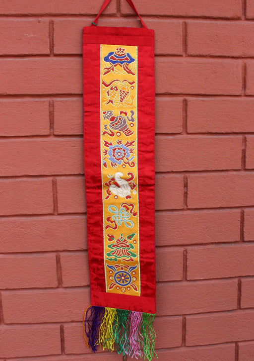 Tibetan Eight Auspicious Symbol Brocade Wall Hanging Banner - nepacrafts