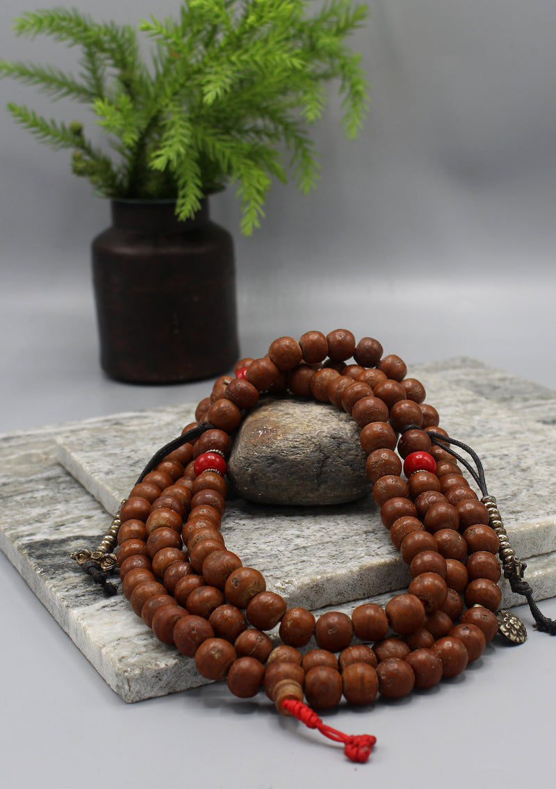 Tibetan Prayer Mala Bodhi Seeds with Coral Spacer