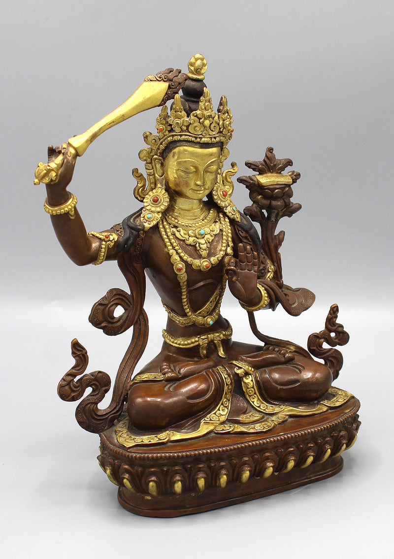 Partly Gold Painted Copper Tibetan Manjushree Statue