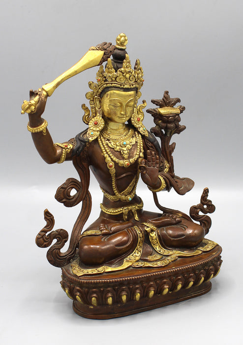 Partly Gold Painted Copper Tibetan Manjushree Statue
