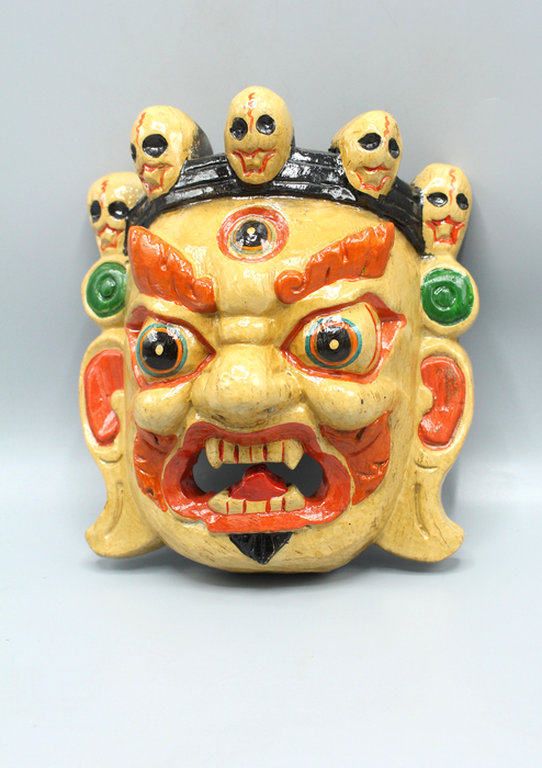 Handcarved and Painted Wooden Bhairav Wall Hanging Mask - Cream