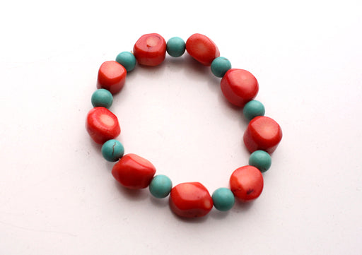 Beautiful Faux Coral and Turquoise Beads Stretchable Bracelet, Yoga Bracelet - nepacrafts