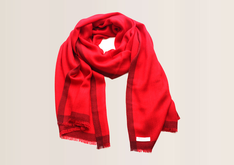 100 % Exclusive Red Cashmere Shawl with Border Herringbone Pattern - nepacrafts