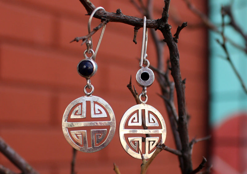 Round Lapis Inlaid Silver Sterling Drop Earrings - nepacrafts