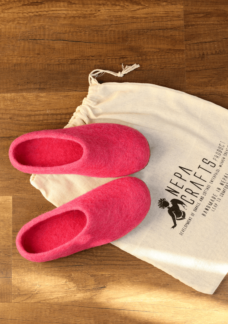 Hand Felted Woolen Cozy Indoor Slippers - Bright Pink