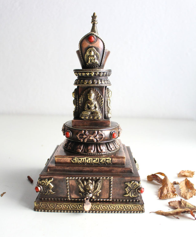 Copper Buddha Stupa with Incense Burner - nepacrafts