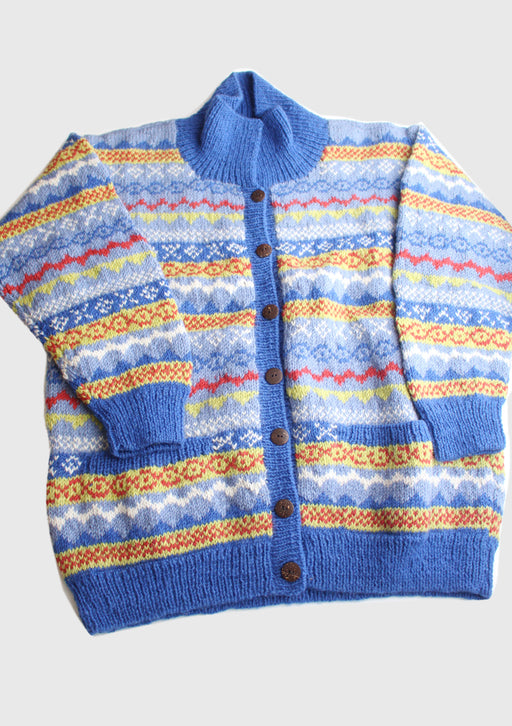 Blue and Yellow Mixed Multicolor Hand Knitted Pure Woolen Cardigan Sweater - nepacrafts