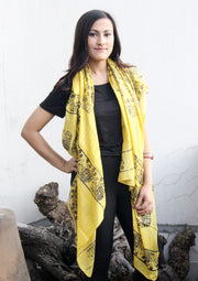 Elephant Print Yellow Cotton Jari Shawl/Scarf - nepacrafts