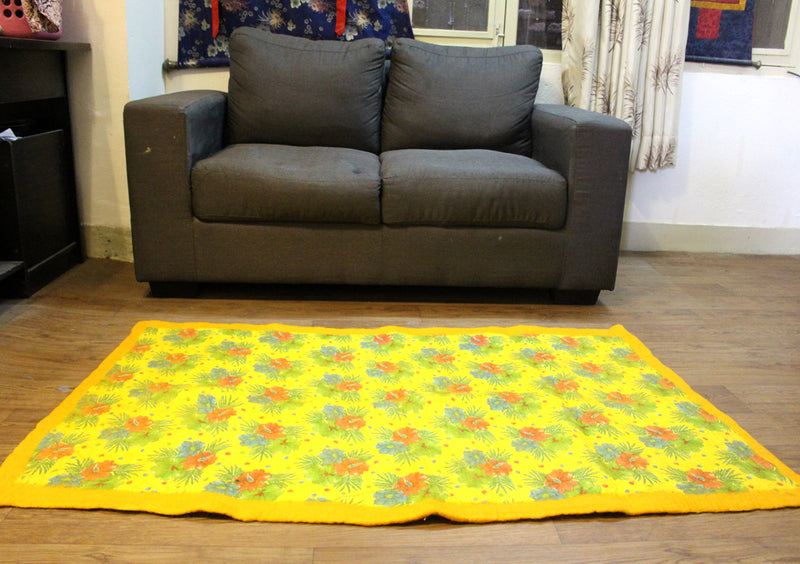 Flower Printed Yellow Felt Floor Rug - nepacrafts