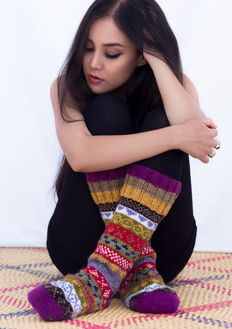 Purple Multicolors Woolen Knee High Socks
