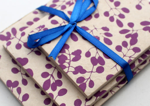 Purple Leaf Painted Set of 3 Lokta Paper Blank Journals - nepacrafts