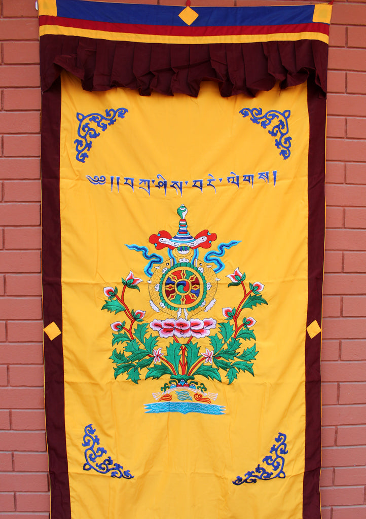 Heavy Embroidered Lotus and Eight Auspicious Symbol Silk Door Curtain - nepacrafts