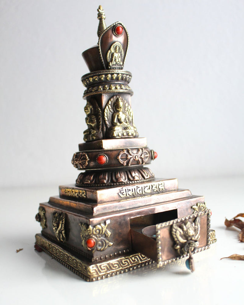 Copper Buddha Stupa with Incense Burner - nepacrafts