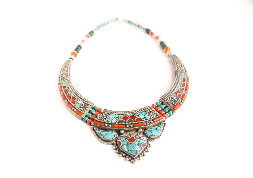 Turquoise & Coral Inlaid Tribal White Metal Collar Necklace - nepacrafts