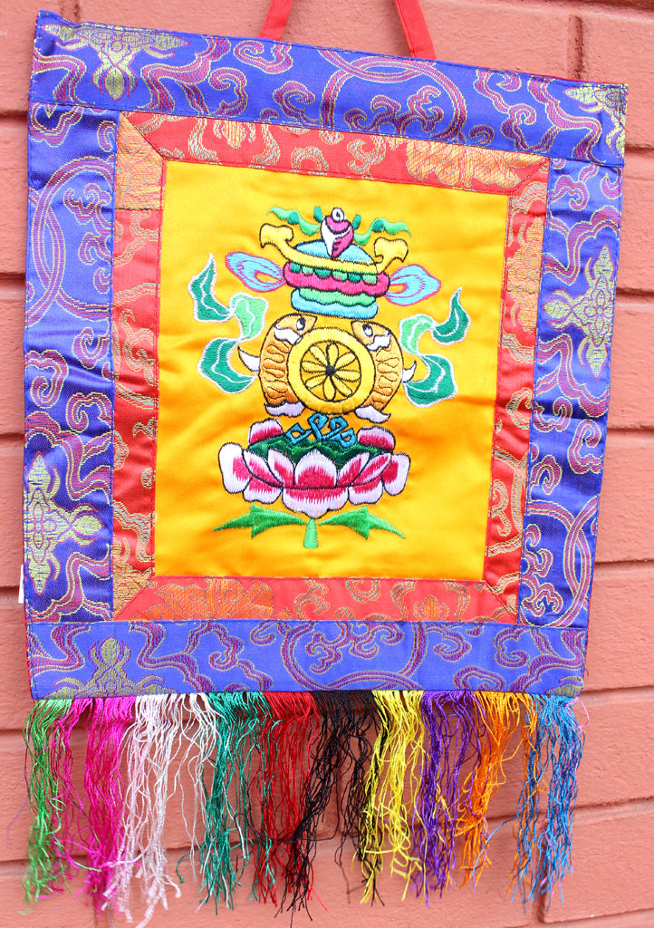 Hand Embroidered Tashi Tagye Auspicious Symbol Tibetan Wall Hanging Banner - nepacrafts