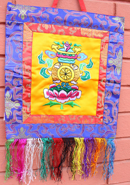 Hand Embroidered Tashi Tagye Auspicious Symbol Tibetan Wall Hanging Banner - nepacrafts