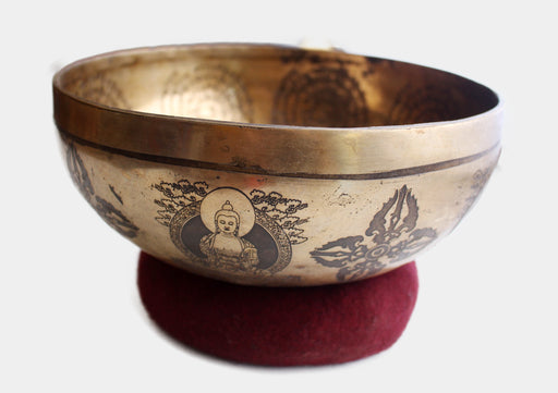 Shakyamuni Buddha and Double Dorjee Carved Tibetan Singing Bowl - nepacrafts