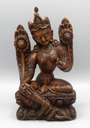 Green Tara Wooden Carving Statue - nepacrafts