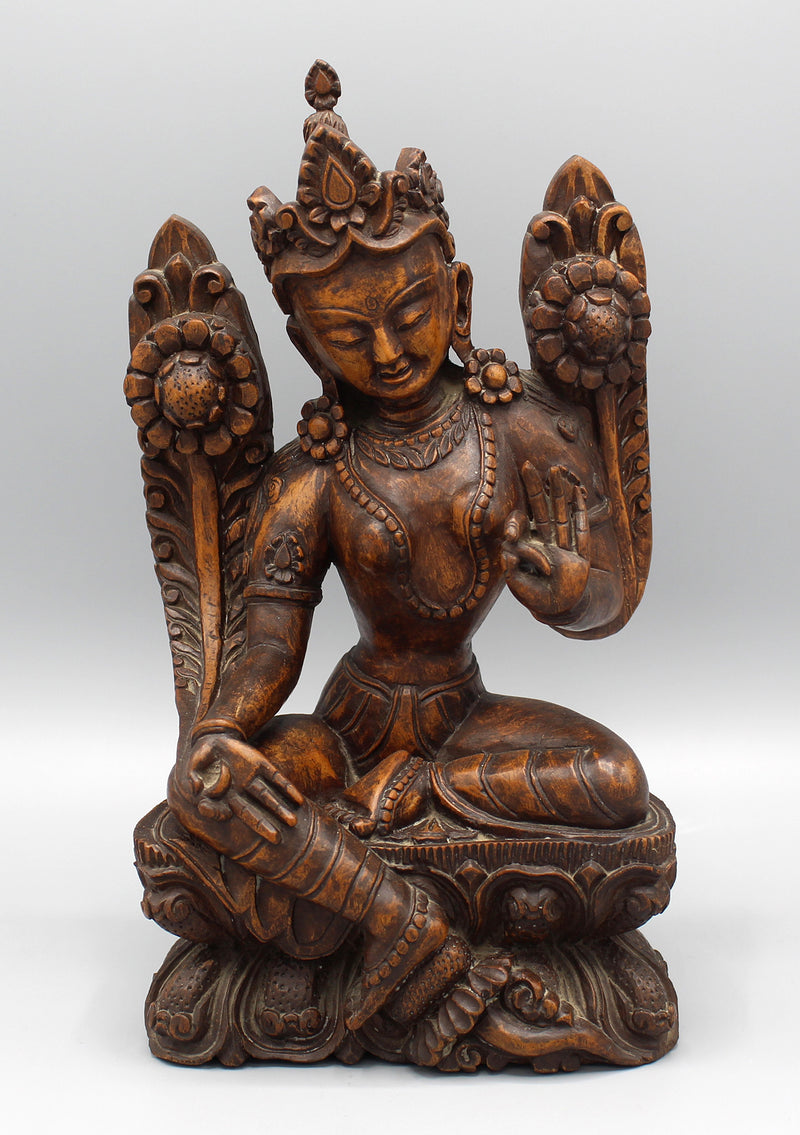 Green Tara Wooden Carving Statue - nepacrafts