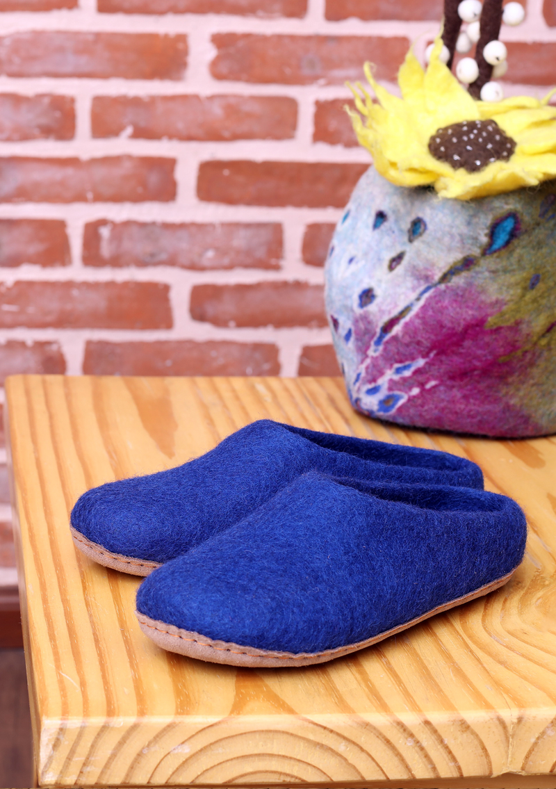 Handmade Steel Blue Classic Felt Slippers