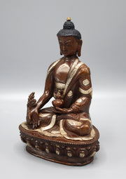 Copper Medicine Buddha Statue Inlaid Silver Robe - nepacrafts