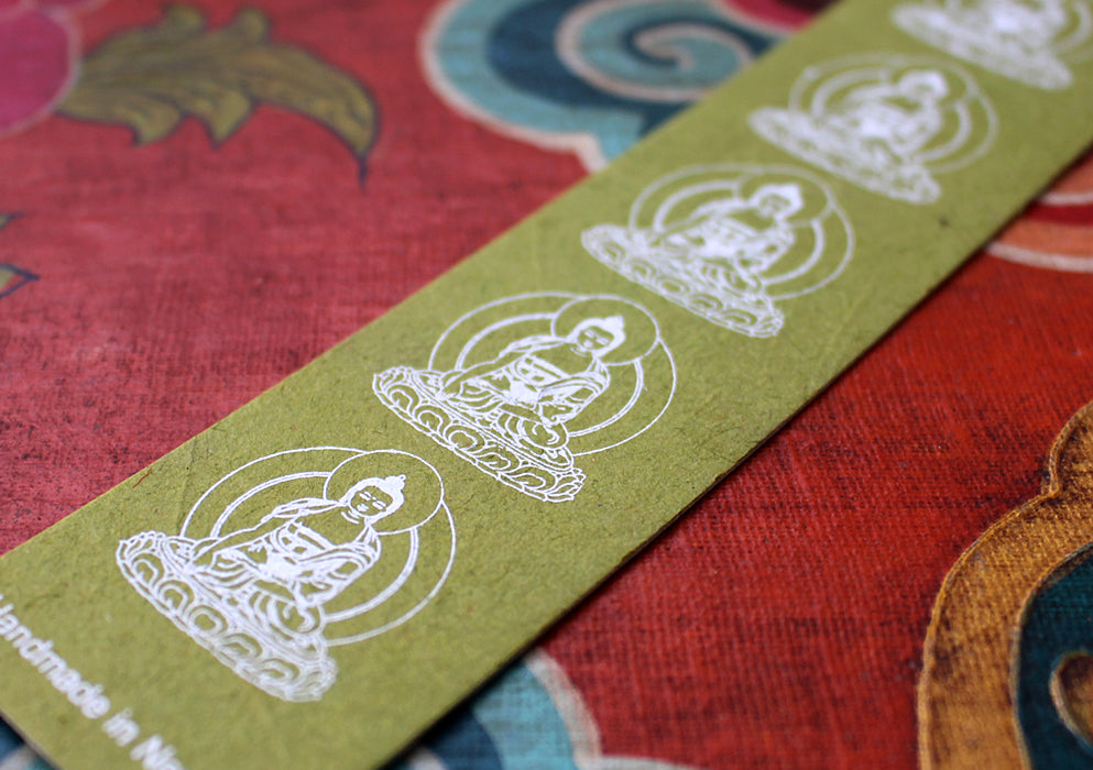 Green Tibetan Om Lokta Paper Bookmark with Charm Tassel - nepacrafts