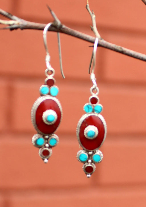 Floral Inlaid Turquoise and Coral Dangle Silver Earrings - nepacrafts