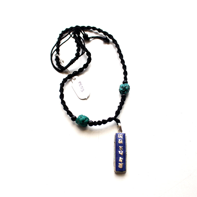 White Metal Lapis Inlaid Om Mani Pendant - nepacrafts