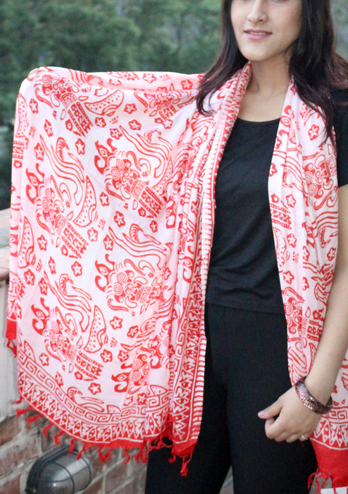 Red and White Batik Cotton Shawl