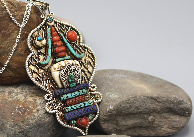 Stupa Chorten Inlaid Sterling Silver Pendant - nepacrafts